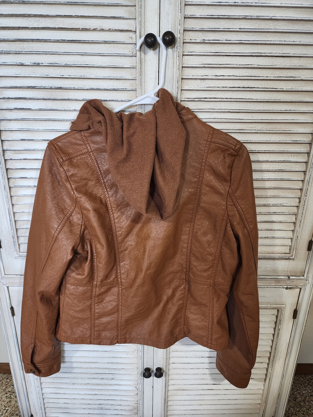 Tan Hooded Faux Leather Jacket - Stylish Zip Front Coat - Picture 3 of 9